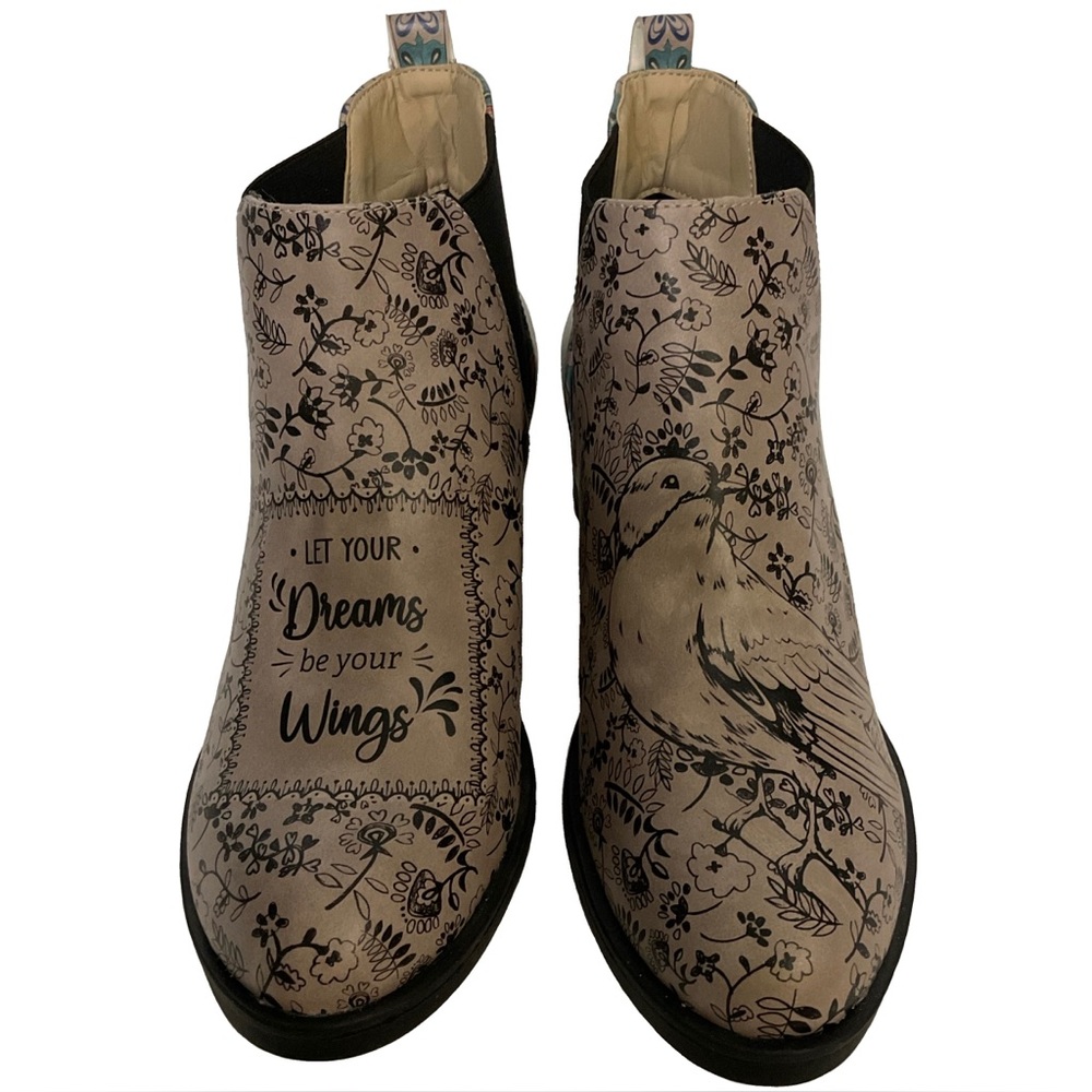 DOGO Vegan Leather Ankle Boots "Let Your Dreams Be Your Wings"; Blk Cream Sz 38